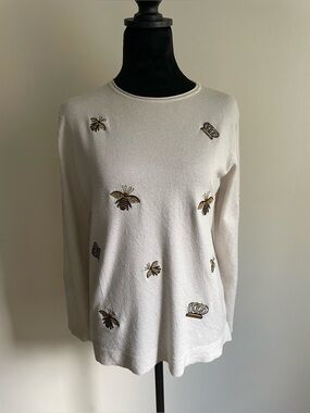 Bluoltre Bee & Crown Embroidered Ivory Knit Sweater Women’s L/XL